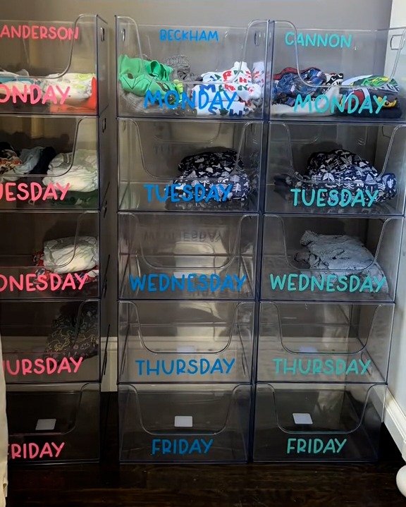 The busy mom showed her audience how she sets out her sons' clothes at the beginning of every week