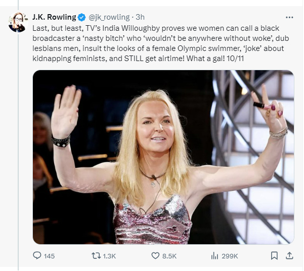 Rowling also took the opportunity to take a dig at broadcaster India Willoughby