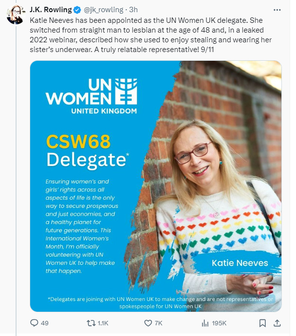 Rowling weighed in on the appointment of Katie Neeves as UN Women's UK delegate