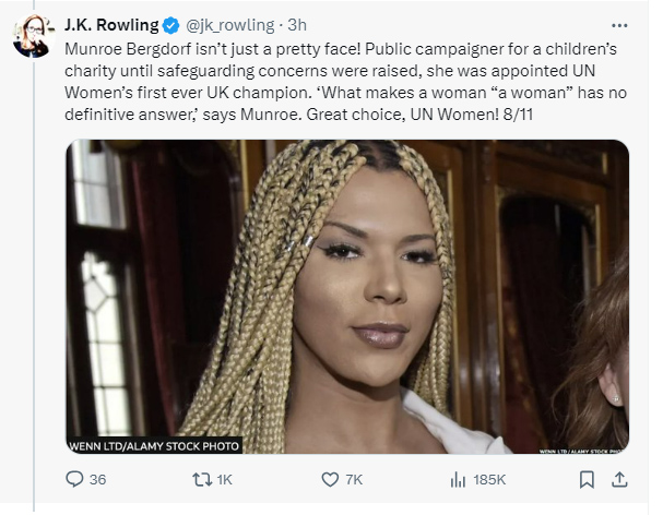 Rowling took a swipe at Munroe Bergdorf's appointment as a UN Women's UK champion