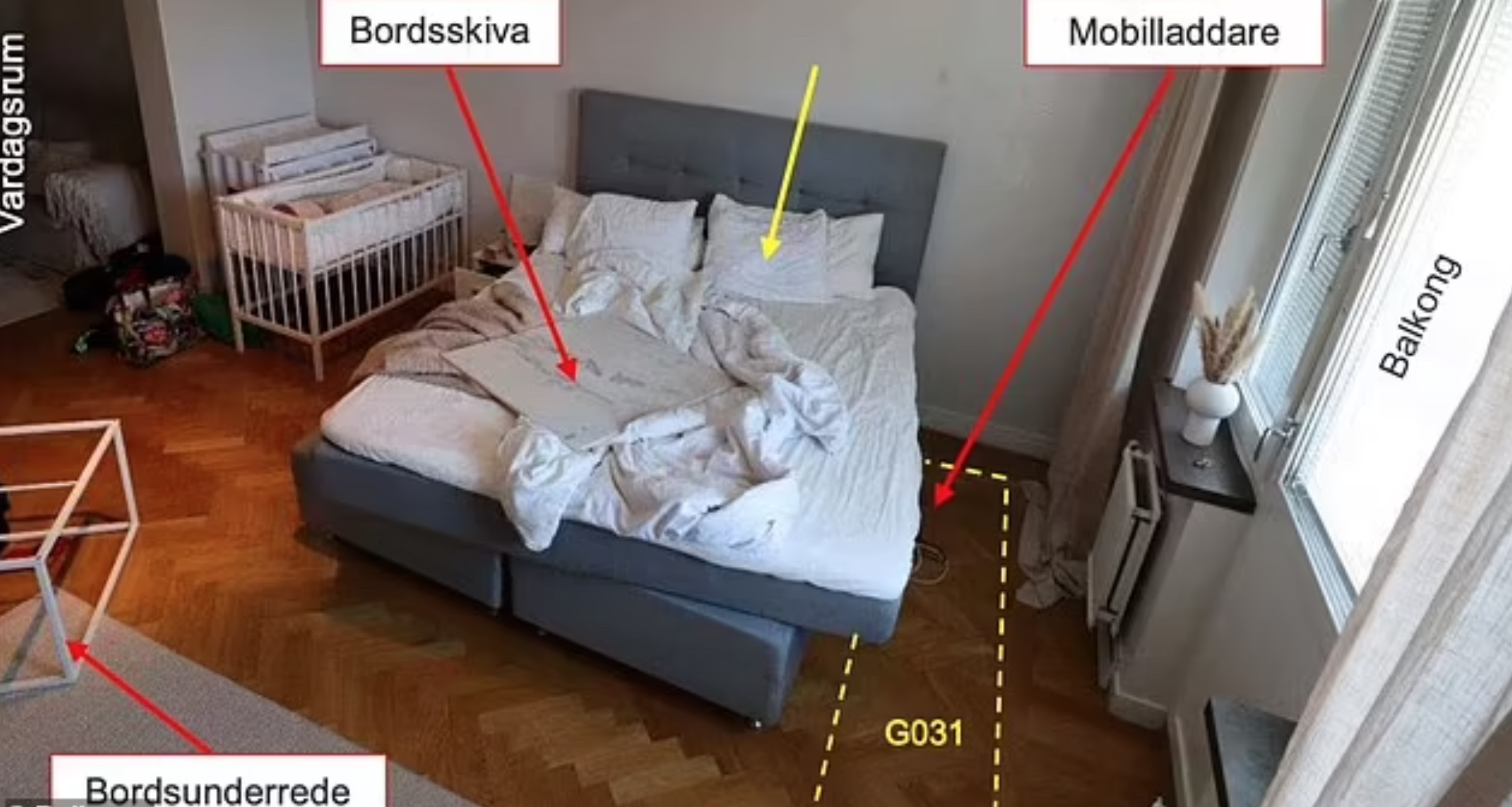 Police released crime scene pictures of the couple's bedroom with the crib for the unborn child in the background